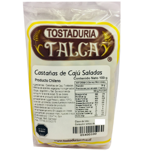 tostaduria-talca-castanas-de-caju-100-grs-saladas.png Castañas de Caju Tostadas y Saladas 100 Grs. Tostaduria Talca - Imagen 1
